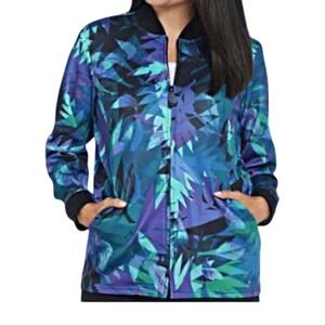Bob Mackie Womens 3X Blue Teal Floral‎ Print Zip Front Lightweight Bomber Jacket